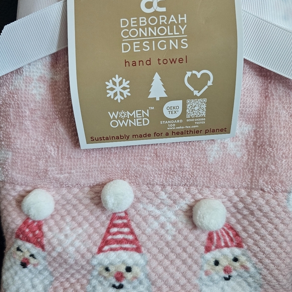 Set of 2 Deborah Connolly PINK Christmas Santa Pom Pom Hand Towels New - Picture 6 of 6